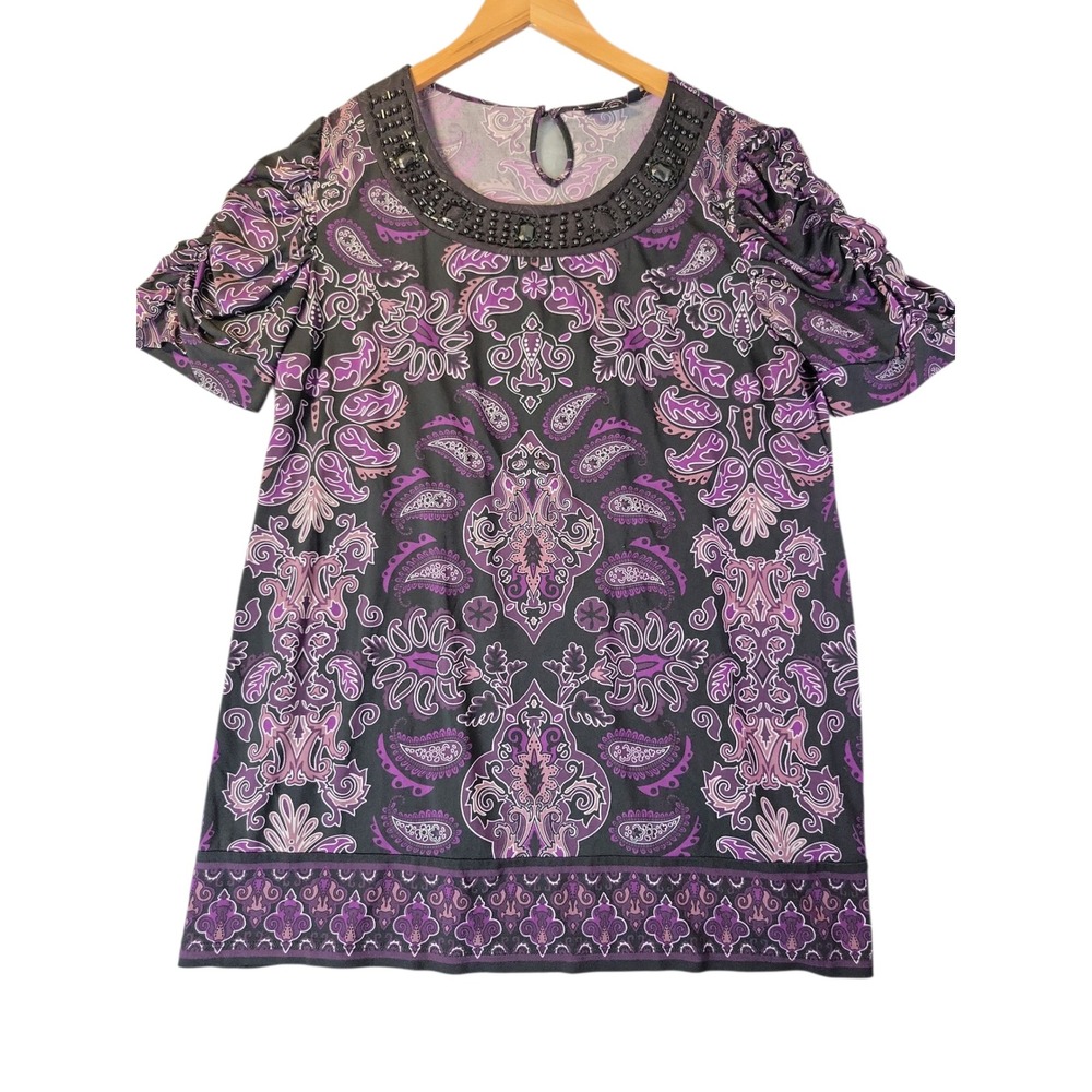 Apt 9 Womens XL Purple Beaded Paisley Print Top Short Sleeve Stretch Blouse‎